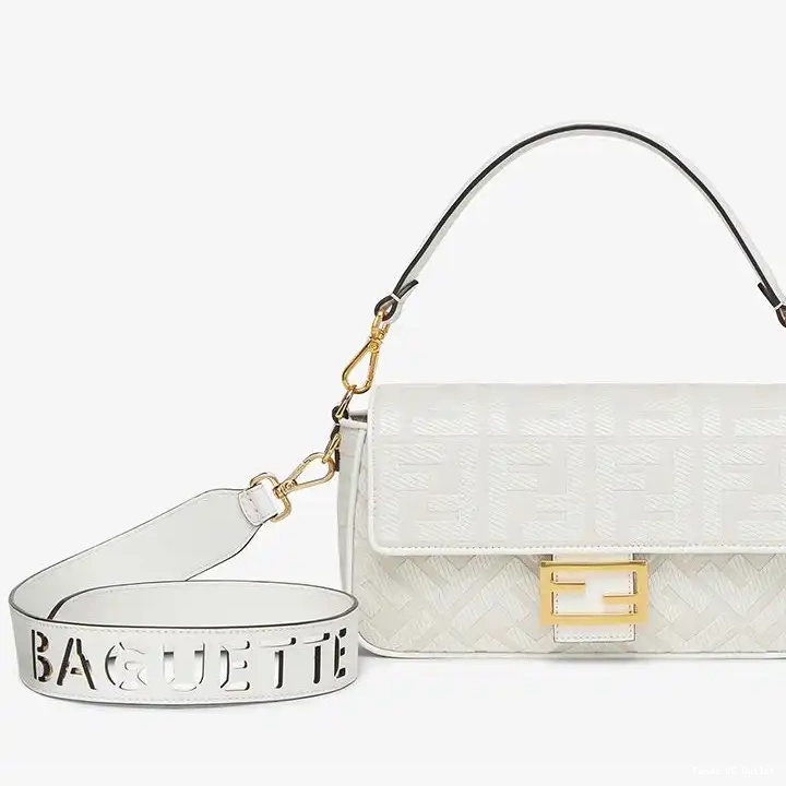 Cheap HOT White Baguette Bag Canvas In with Strap Medium Cut Laser Fendi FF Motif 0525
